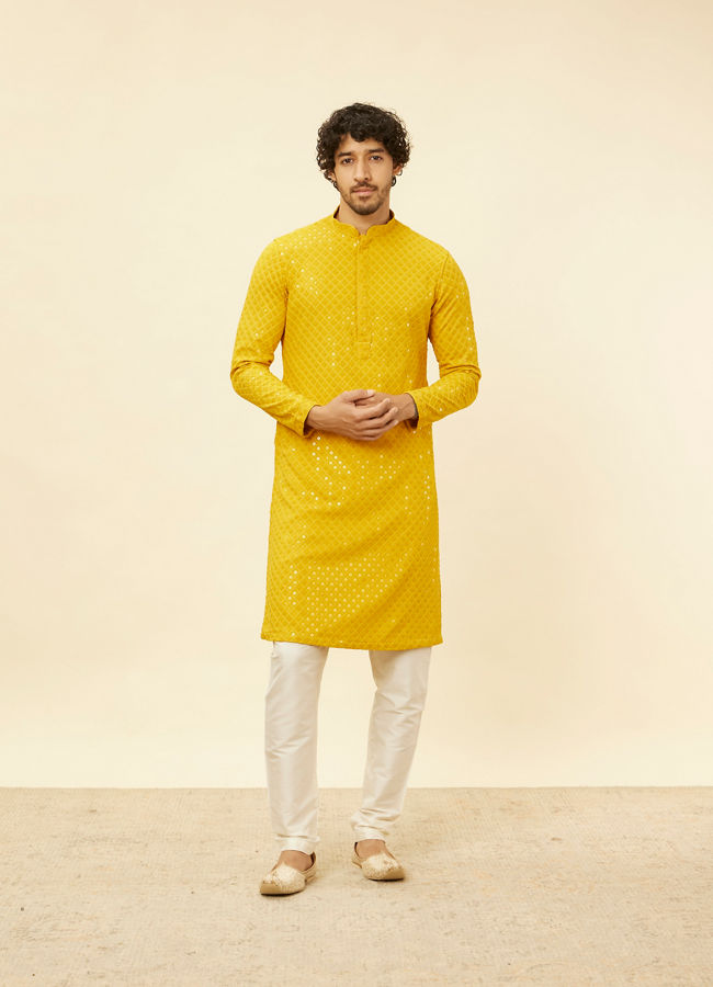 Manyavar Men Sunglow Yellow Chikankari Embroidered Sequinned Kurta Set