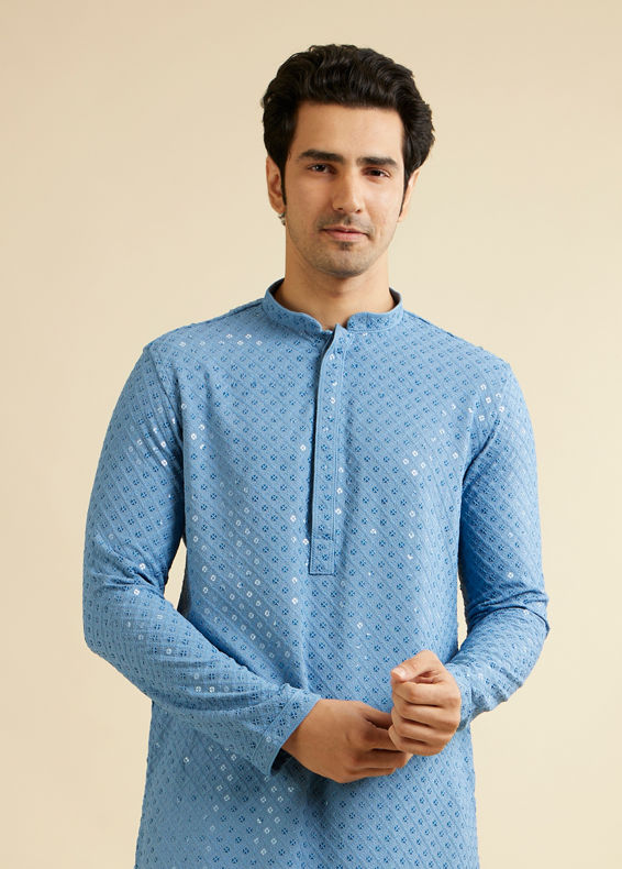 Manyavar Men Mid Blue Chikankari Embroidered Sequinned Kurta Set