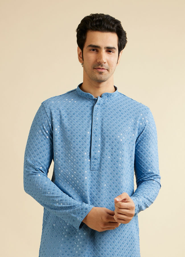 alt message - Manyavar Men Mid Blue Chikankari Embroidered Sequinned Kurta Set image number 0