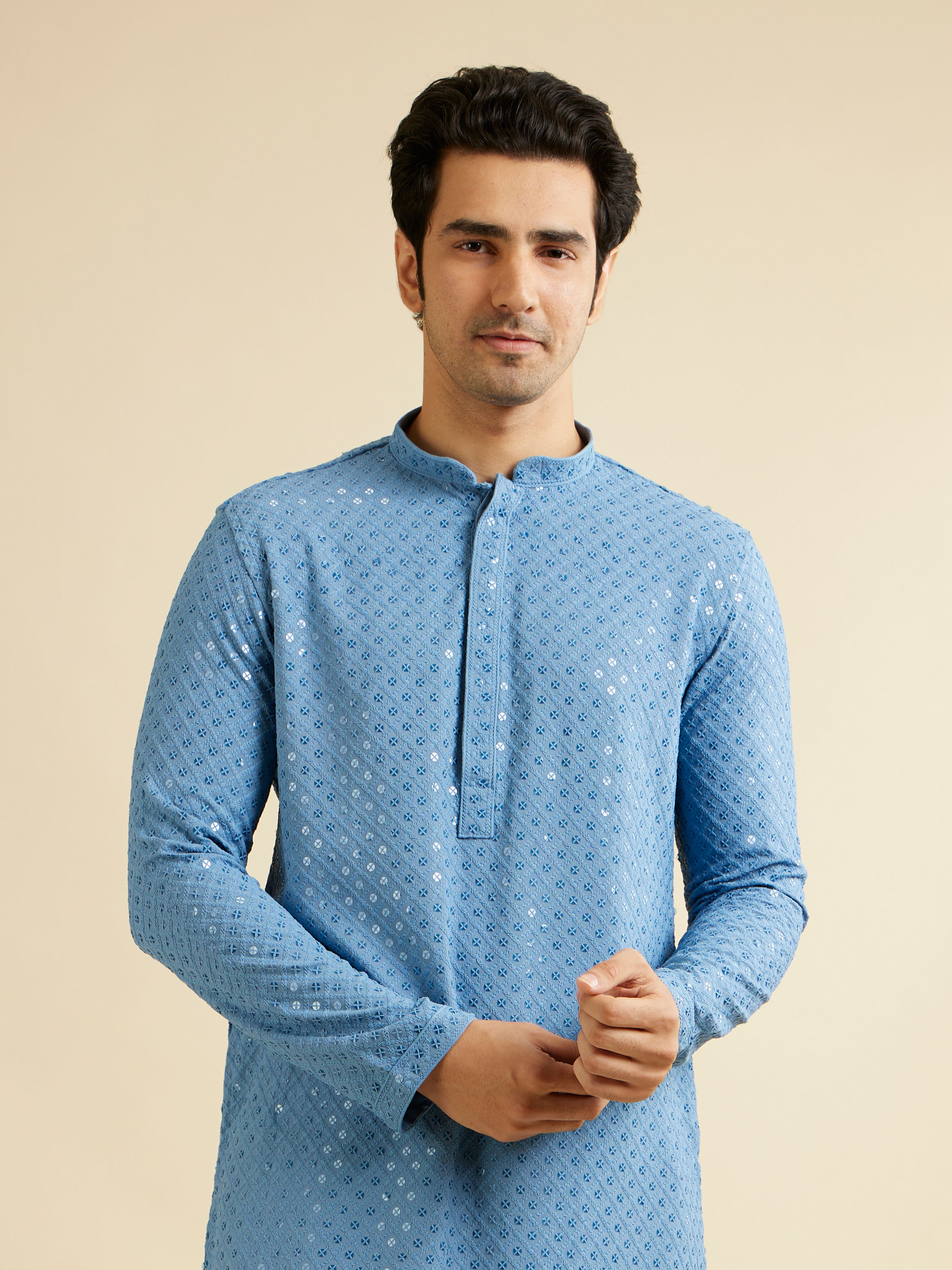 Manyavar Men Mid Blue Chikankari Embroidered Sequinned Kurta Set