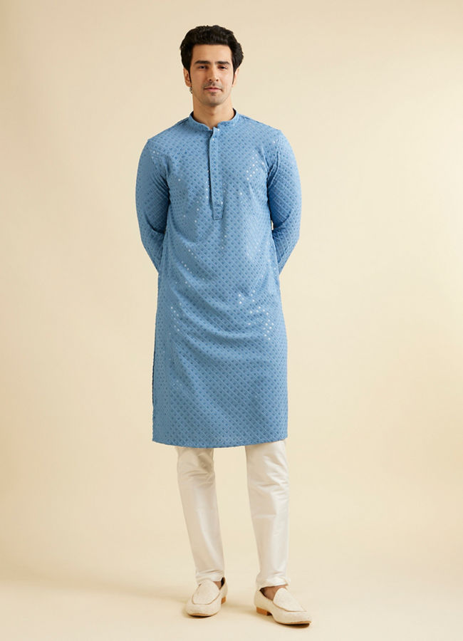 alt message - Manyavar Men Mid Blue Chikankari Embroidered Sequinned Kurta Set image number 2