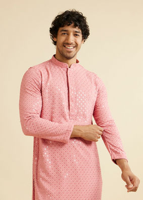 Manyavar Men Coral Pink Chikankari Embroidered Sequinned Kurta Set image number 0