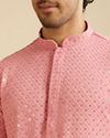 alt message - Manyavar Men Coral Pink Chikankari Embroidered Sequinned Kurta Set image number 1