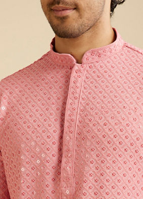 Manyavar Men Coral Pink Chikankari Embroidered Sequinned Kurta Set image number 1