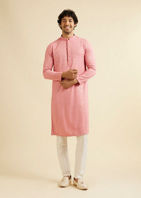 Manyavar Men Coral Pink Chikankari Embroidered Sequinned Kurta Set image number 2