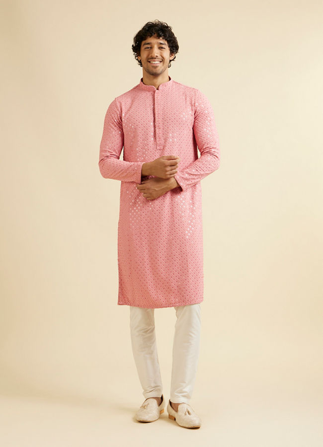 alt message - Manyavar Men Coral Pink Chikankari Embroidered Sequinned Kurta Set image number 2