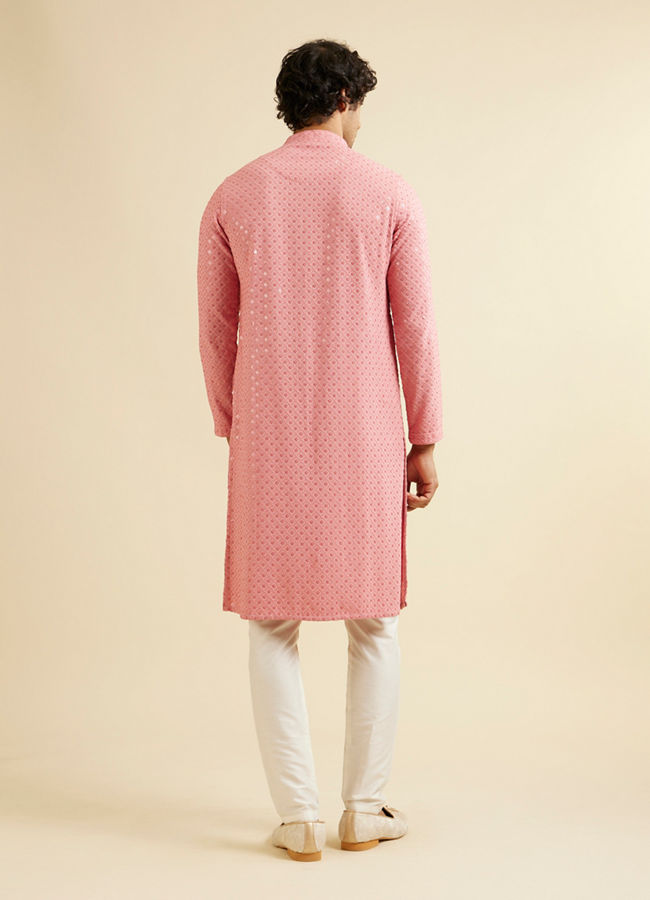 Manyavar Men Coral Pink Chikankari Embroidered Sequinned Kurta Set