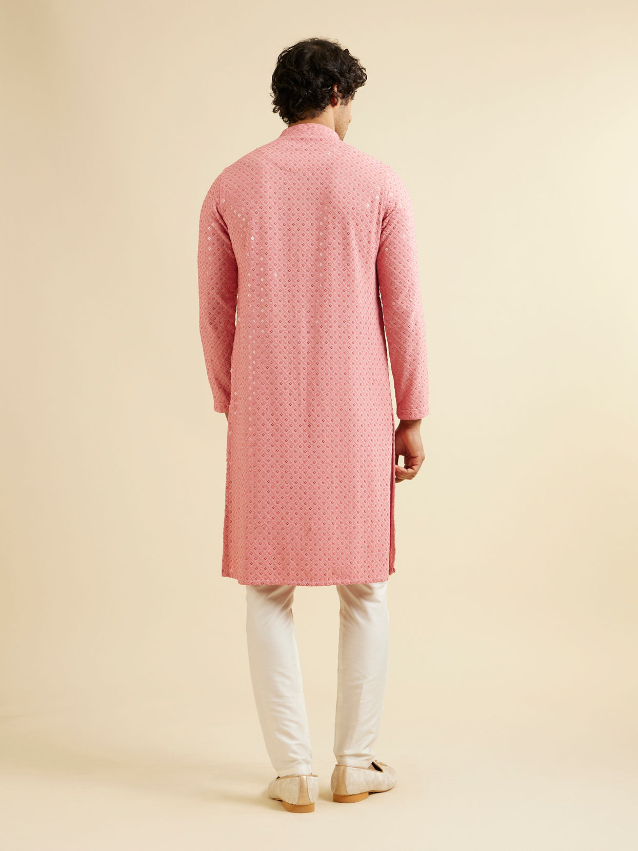 Manyavar Men Coral Pink Chikankari Embroidered Sequinned Kurta Set