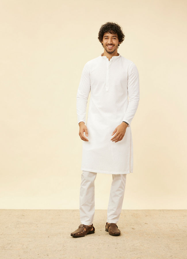 Manyavar Men Cream Chikankari Embroidered Kurta Set