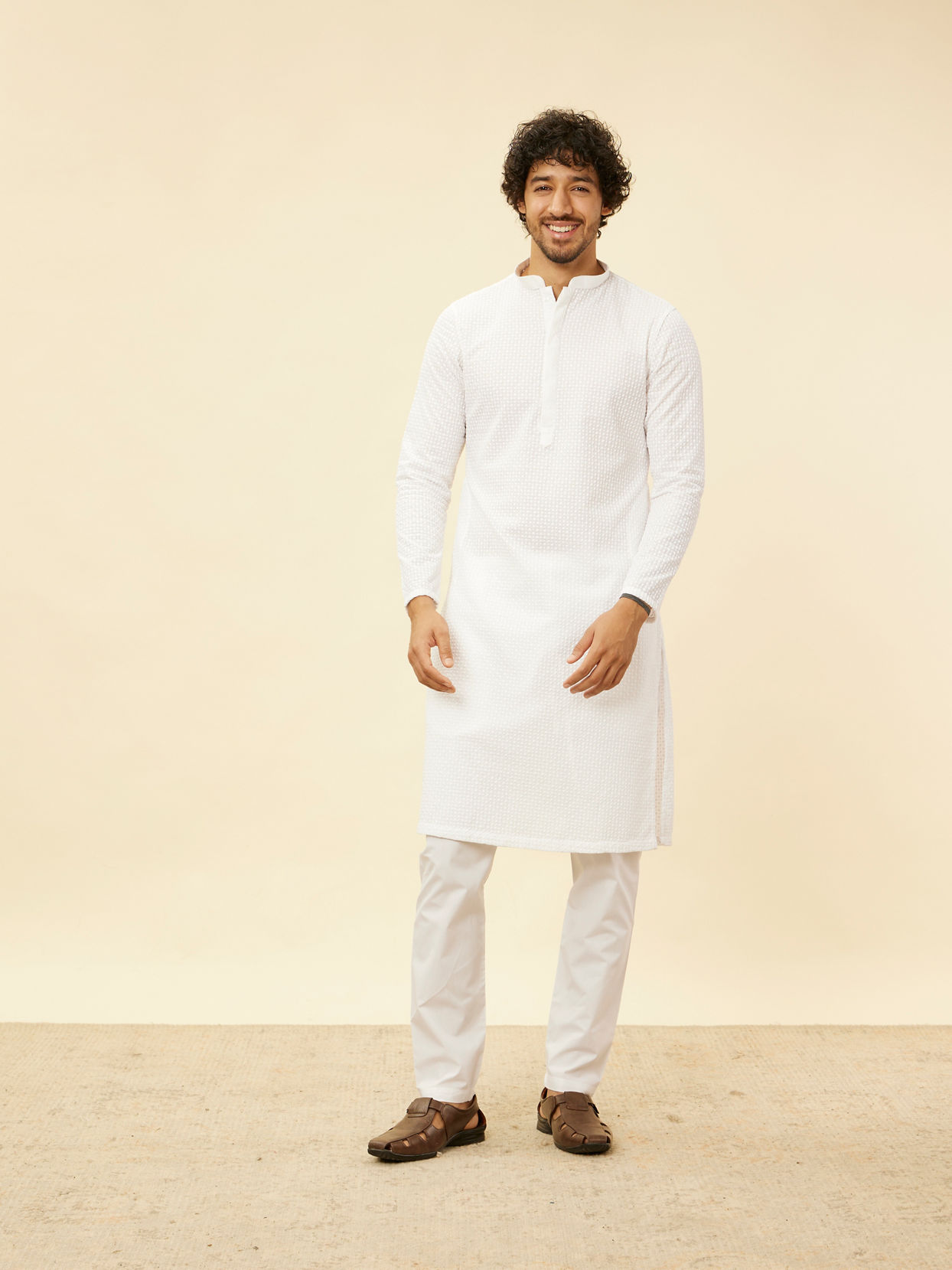 Manyavar Men Cream Chikankari Embroidered Kurta Set