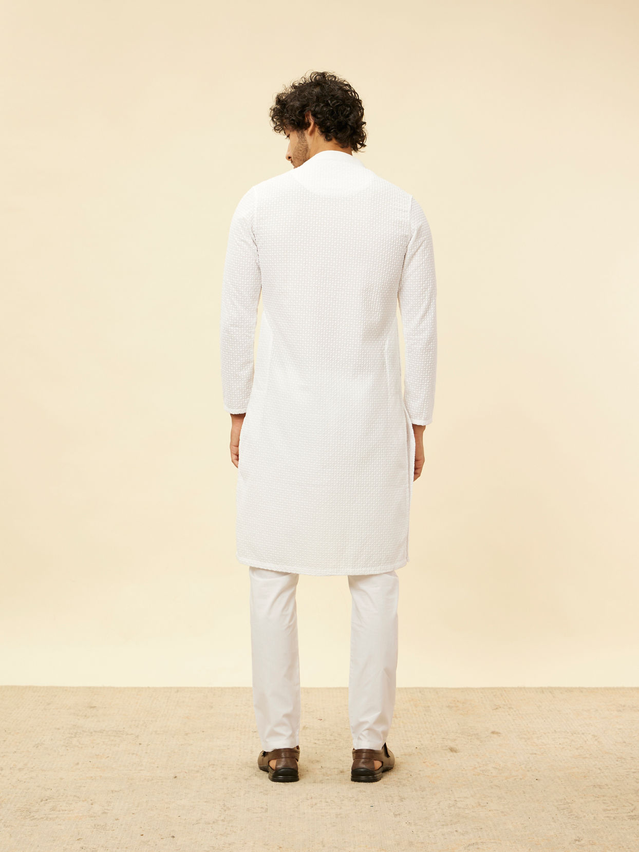 Manyavar Men Cream Chikankari Embroidered Kurta Set