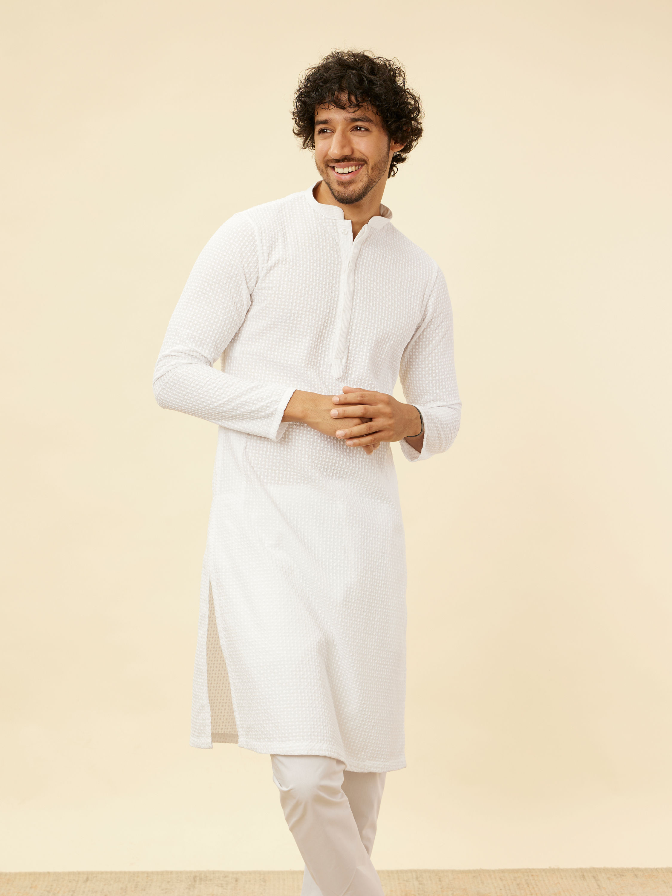 Manyavar Men Cream Chikankari Embroidered Kurta Set