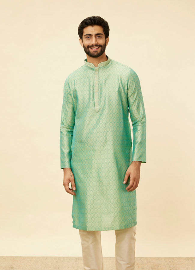 Manyavar Men Mint Green Shankh Motif Kurta Set image number 0