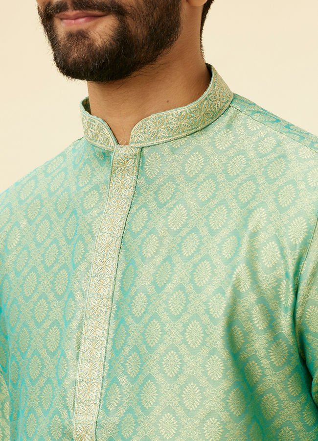 Manyavar Men Mint Green Shankh Motif Kurta Set image number 1