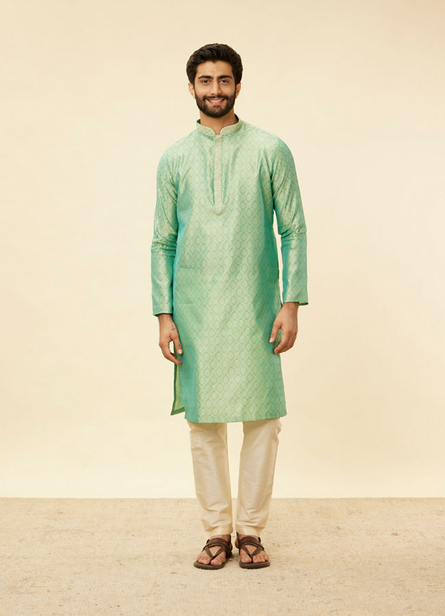 Manyavar Men Mint Green Shankh Motif Kurta Set image number 2