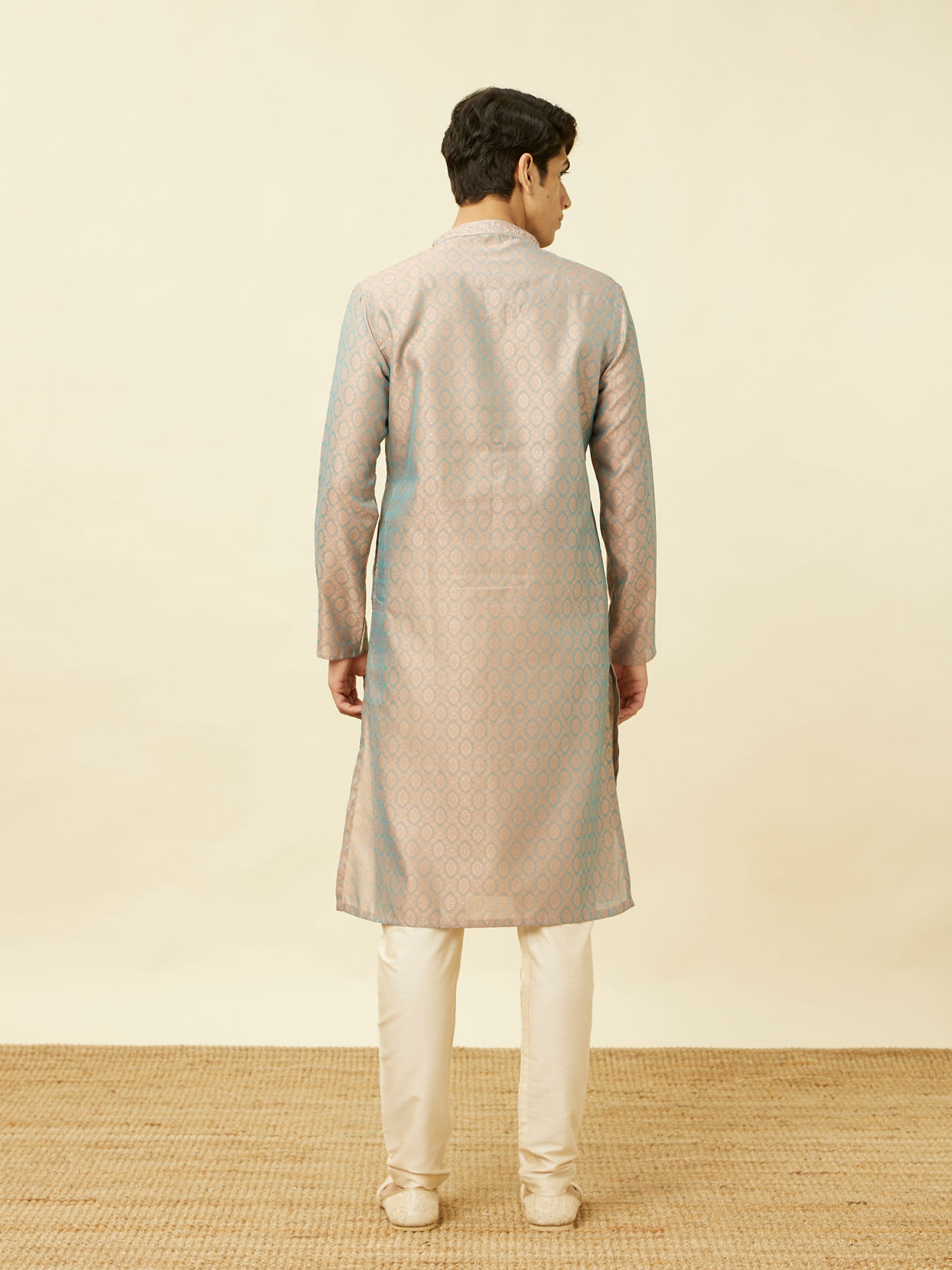 Manyavar Men Blissful Blue and Copper Floral Medallion Patterned Kurta Set