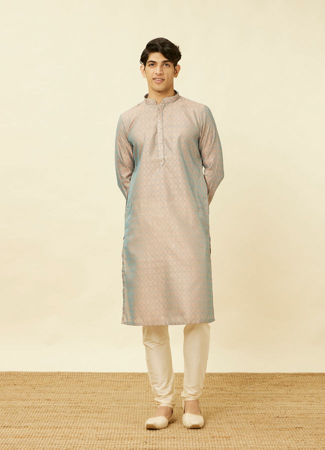 Manyavar Men Blissful Blue and Copper Floral Medallion Patterned Kurta Set