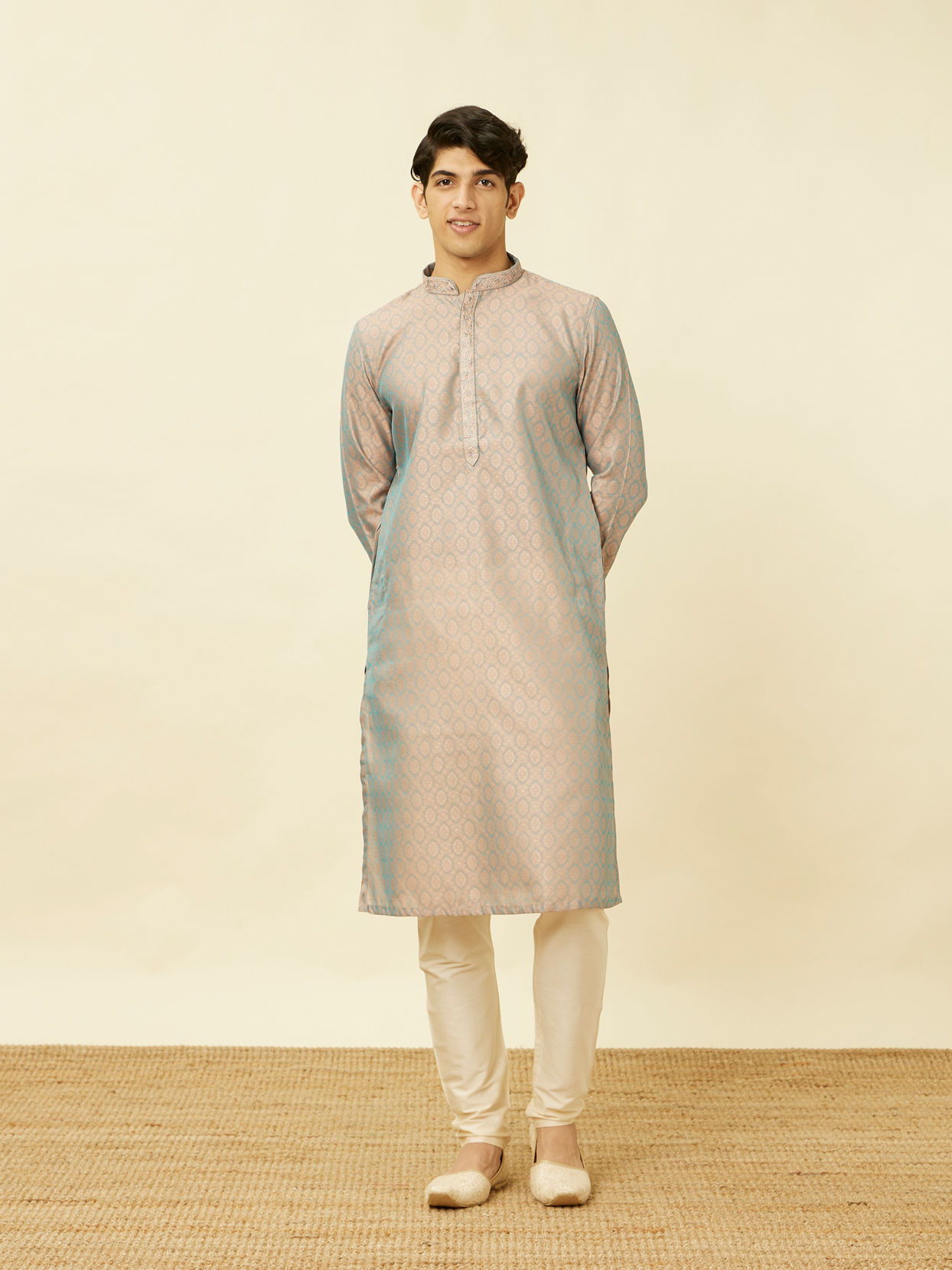 Manyavar Men Blissful Blue and Copper Floral Medallion Patterned Kurta Set
