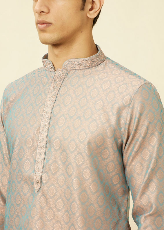 Manyavar Men Blissful Blue and Copper Floral Medallion Patterned Kurta Set