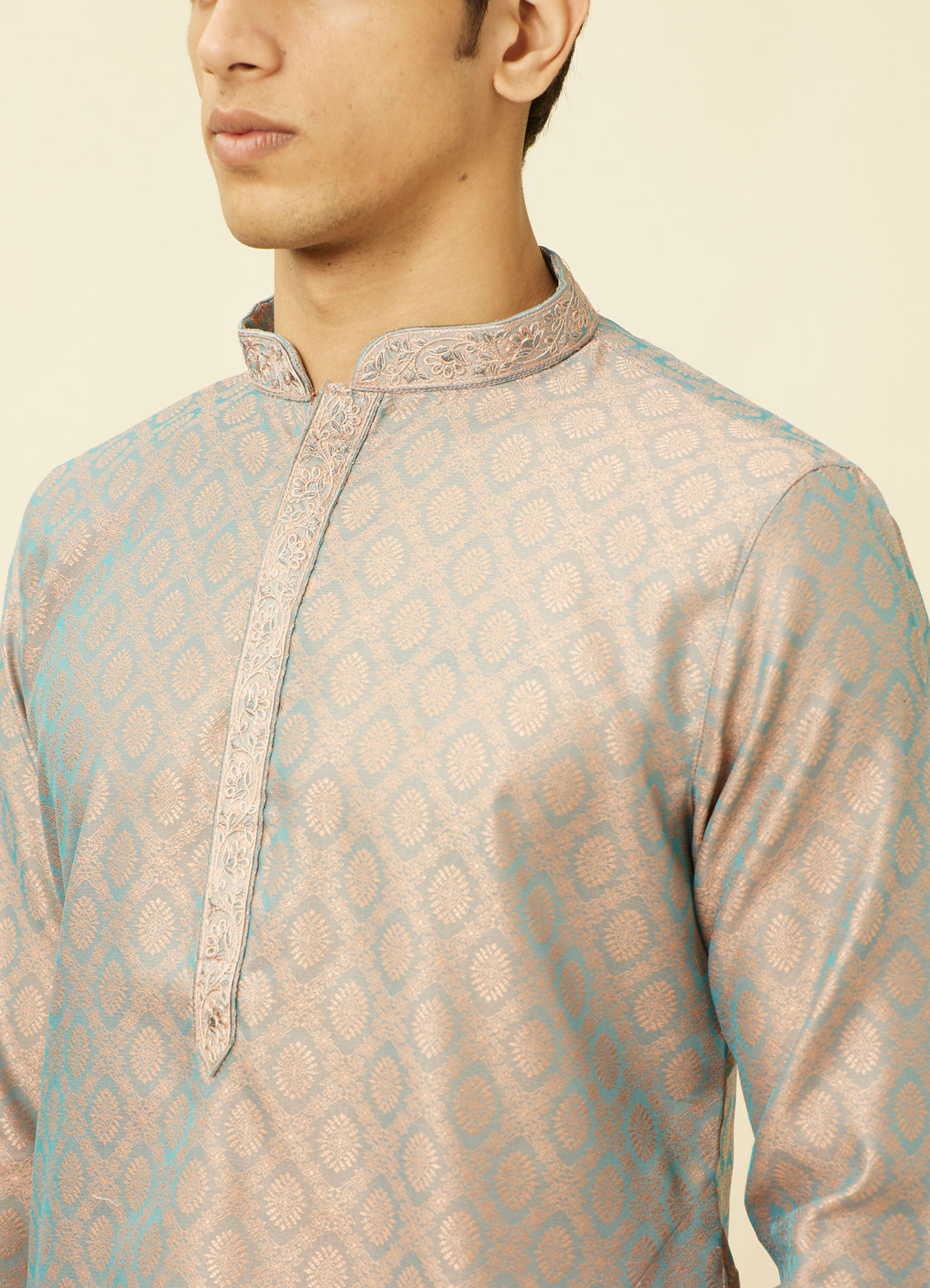 Manyavar Men Blissful Blue and Copper Floral Medallion Patterned Kurta Set