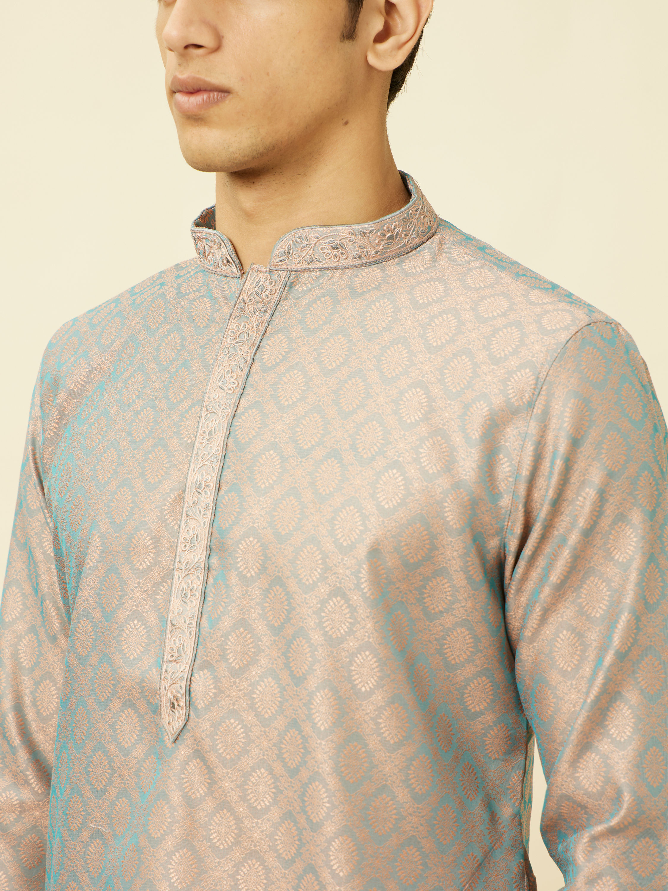 Manyavar Men Blissful Blue and Copper Floral Medallion Patterned Kurta Set