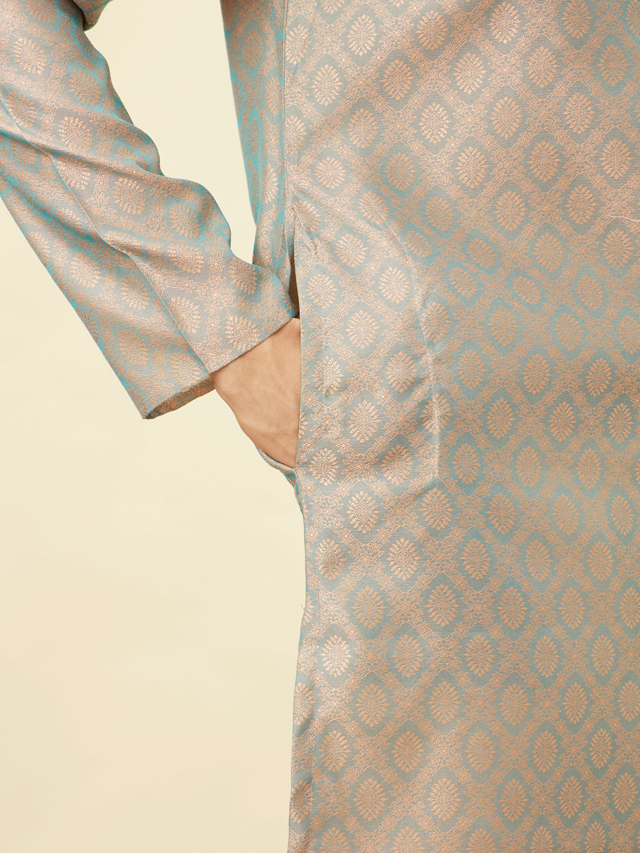 Manyavar Men Blissful Blue and Copper Floral Medallion Patterned Kurta Set