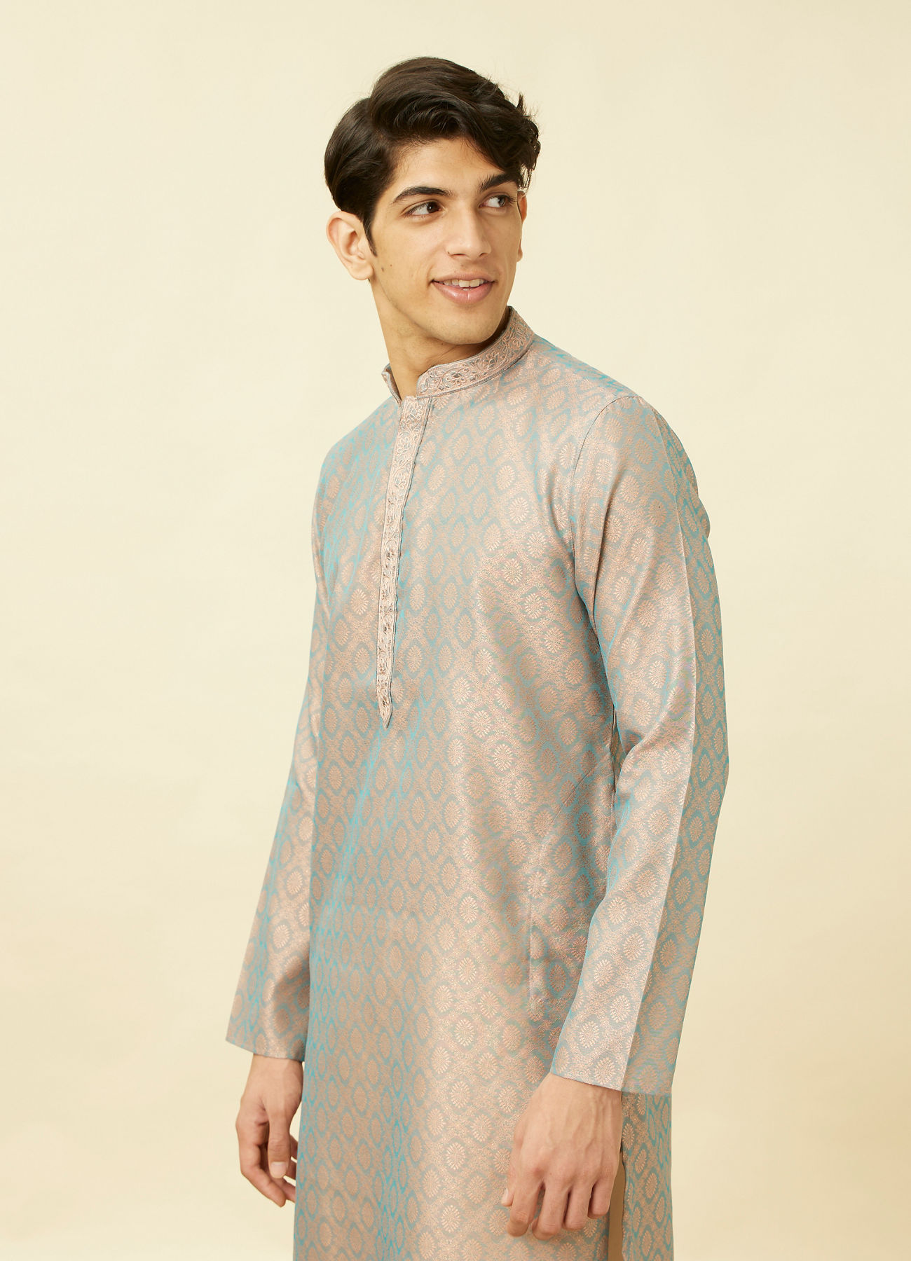 Manyavar Men Blissful Blue and Copper Floral Medallion Patterned Kurta Set