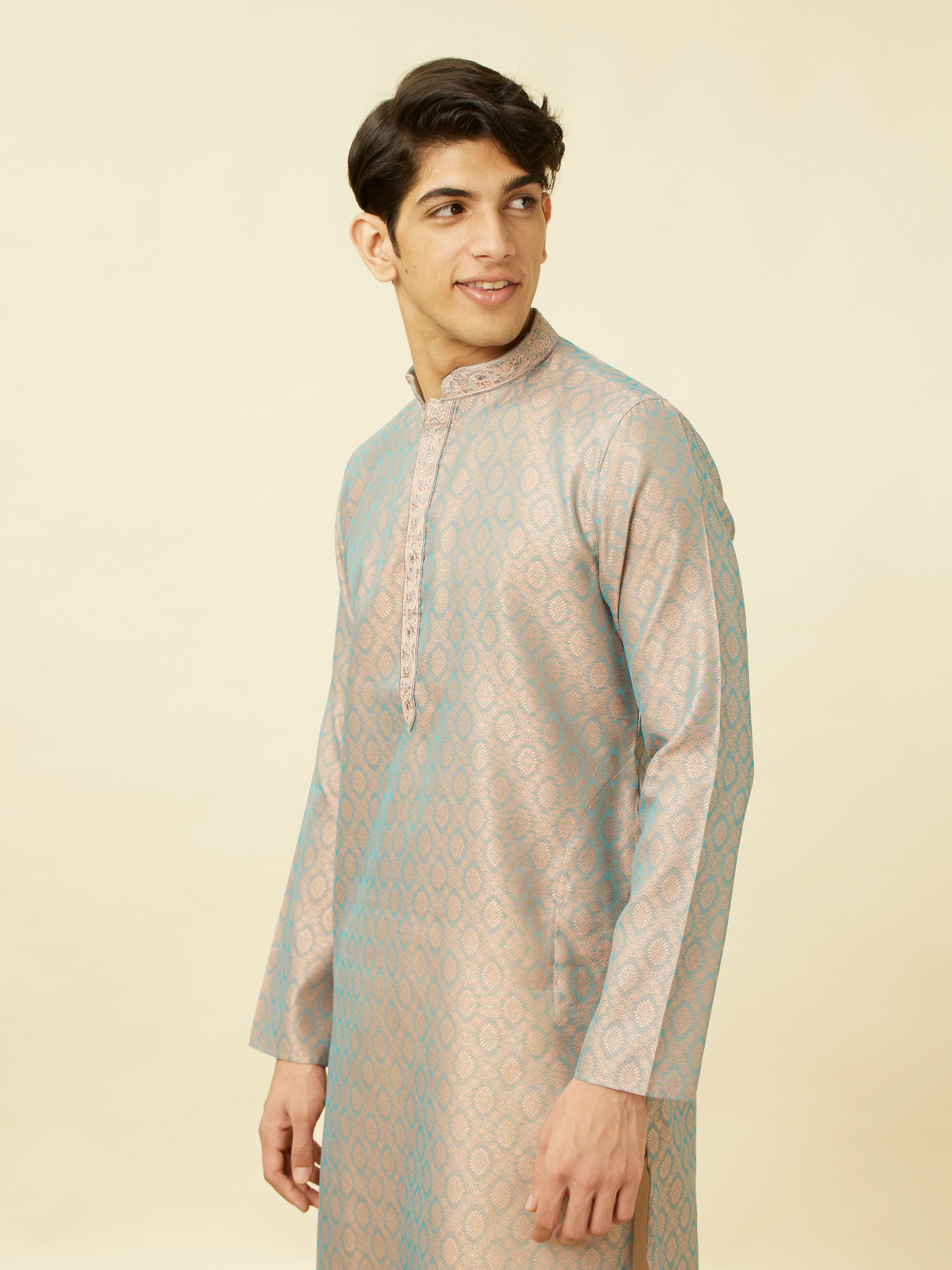 Manyavar Men Blissful Blue and Copper Floral Medallion Patterned Kurta Set