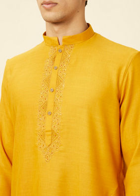 alt message - Manyavar Men Sunrise Yellow Kurta Set with Embroidered Placket image number 1