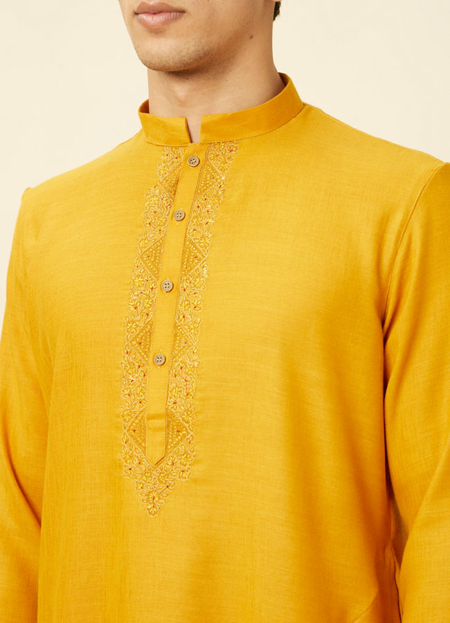 alt message - Manyavar Men Sunrise Yellow Kurta Set with Embroidered Placket image number 1