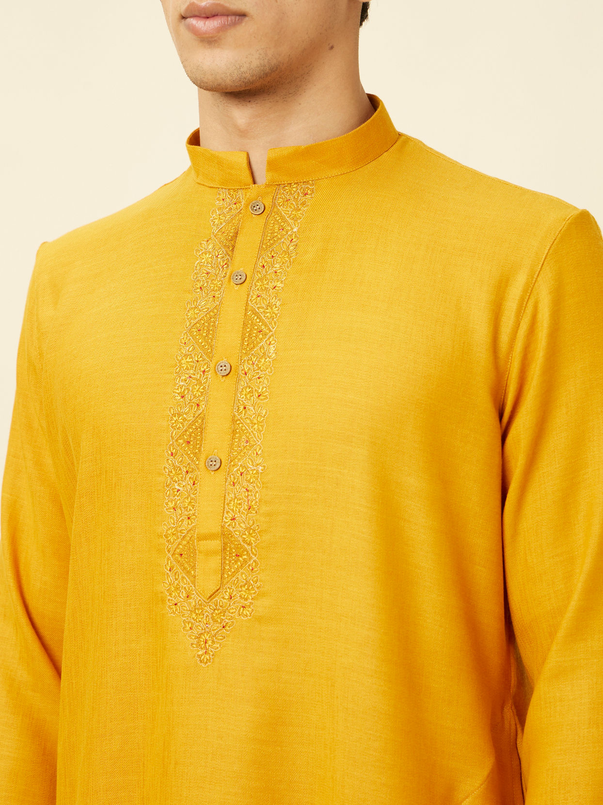 alt message - Manyavar Men Sunrise Yellow Kurta Set with Embroidered Placket image number 1