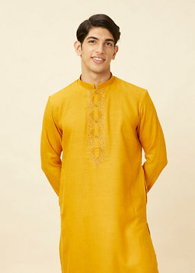 alt message - Manyavar Men Sunrise Yellow Kurta Set with Embroidered Placket image number 0