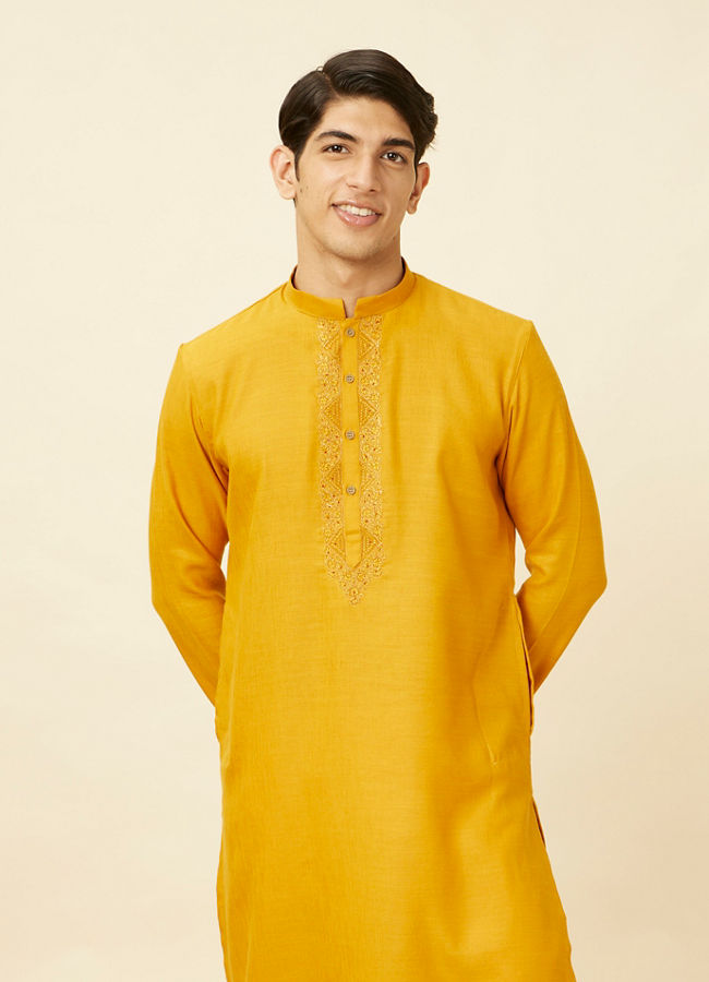 alt message - Manyavar Men Sunrise Yellow Kurta Set with Embroidered Placket image number 0