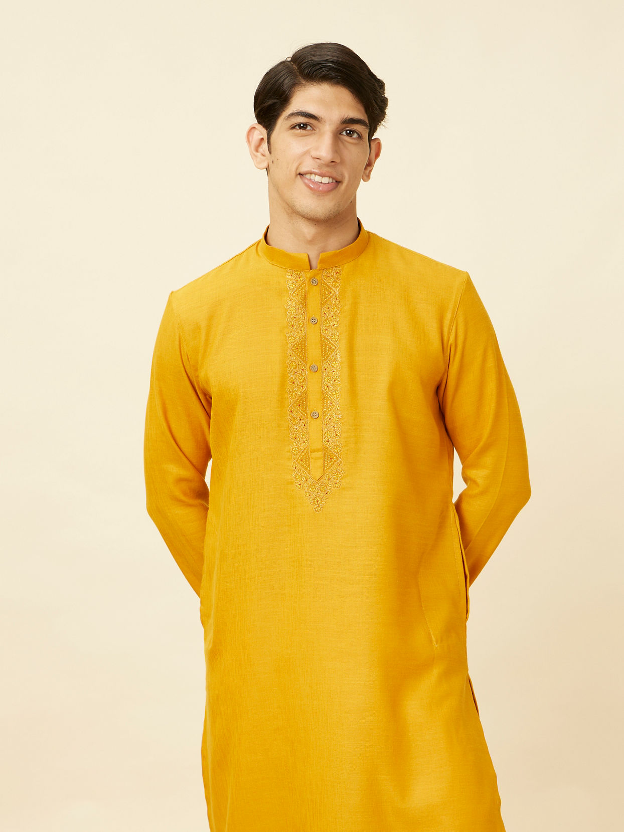 alt message - Manyavar Men Sunrise Yellow Kurta Set with Embroidered Placket image number 0