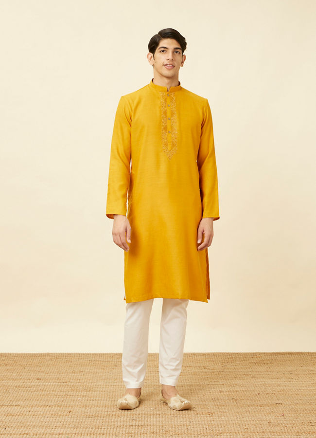 Manyavar Men Sunrise Yellow Kurta Set with Embroidered Placket