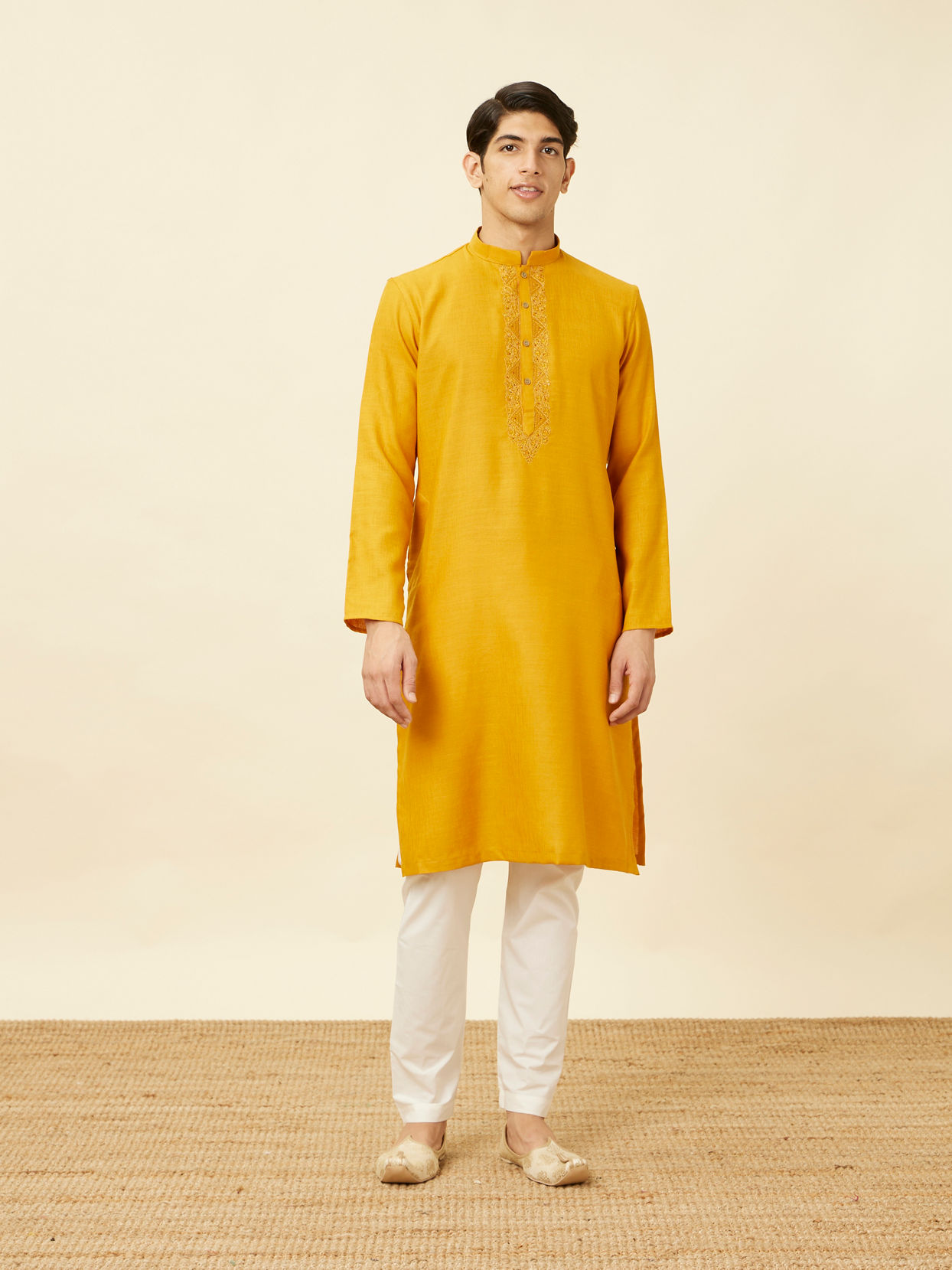 alt message - Manyavar Men Sunrise Yellow Kurta Set with Embroidered Placket image number 2