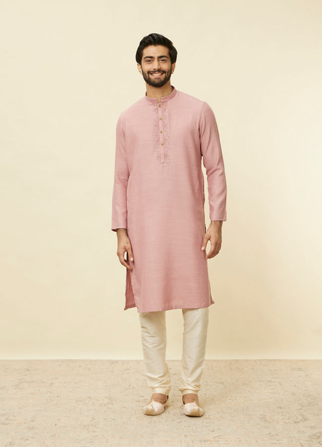 Manyavar Men Lemonade Pink Embroidered Placket Kurta Set
