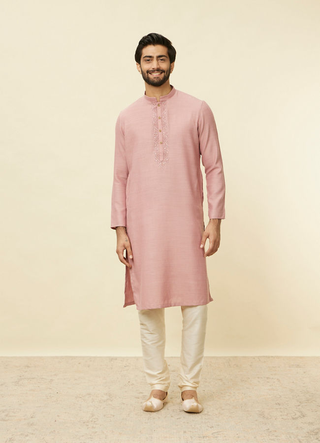 alt message - Manyavar Men Lemonade Pink Embroidered Placket Kurta Set image number 2