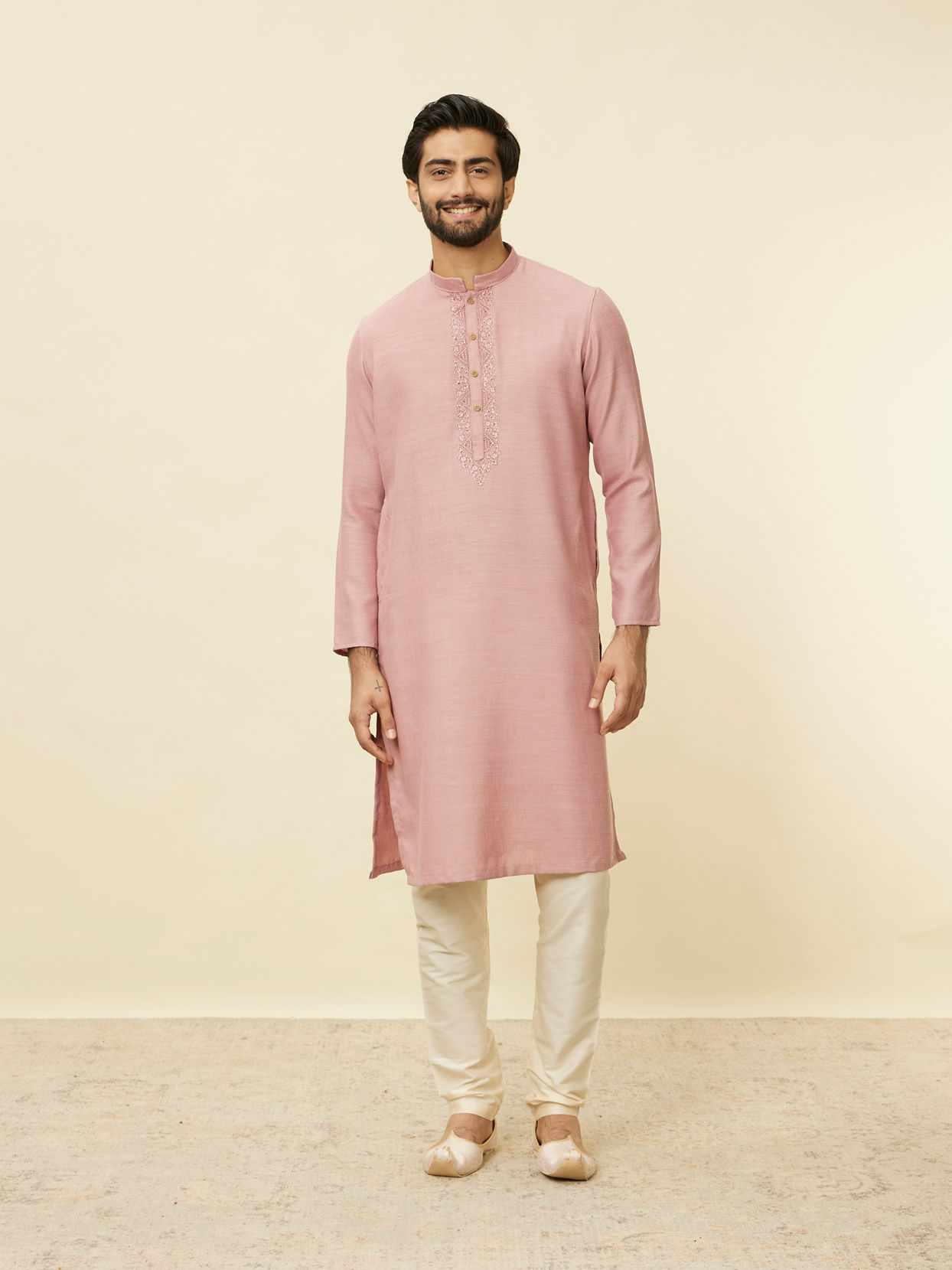 Manyavar Men Lemonade Pink Embroidered Placket Kurta Set
