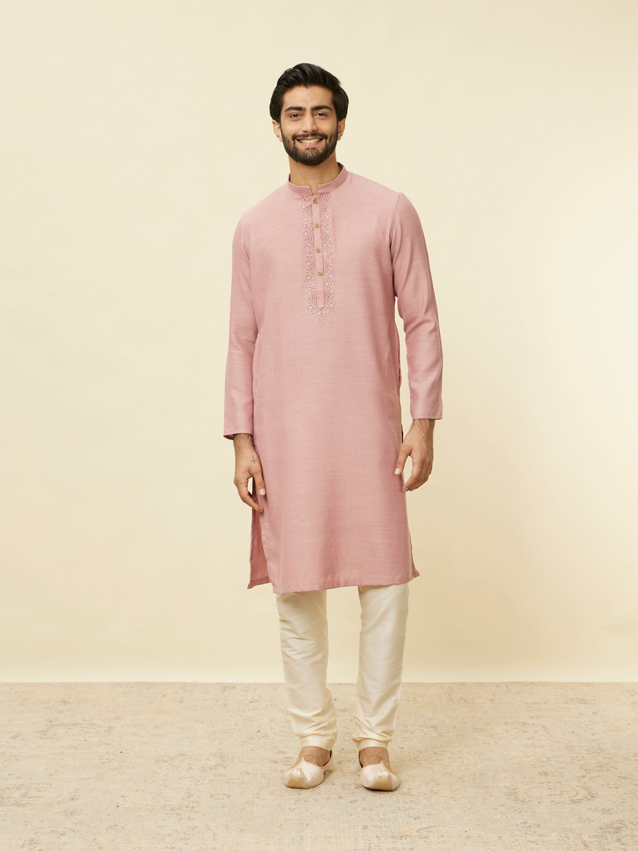 alt message - Manyavar Men Lemonade Pink Embroidered Placket Kurta Set image number 2