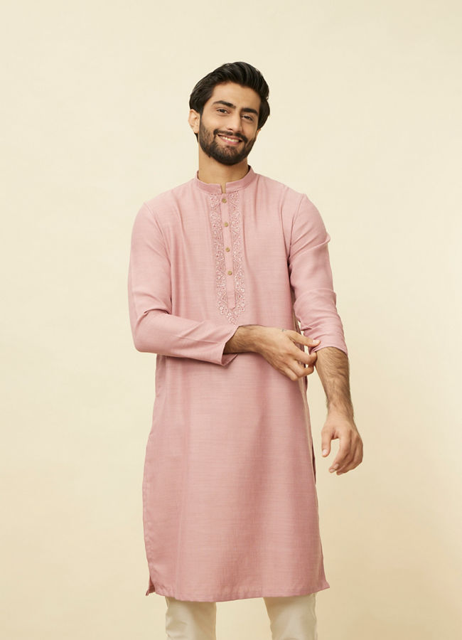 alt message - Manyavar Men Lemonade Pink Embroidered Placket Kurta Set image number 0