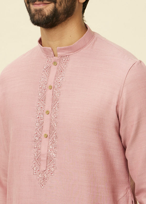 Manyavar Men Lemonade Pink Embroidered Placket Kurta Set