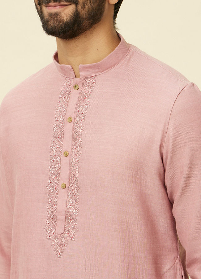 alt message - Manyavar Men Lemonade Pink Embroidered Placket Kurta Set image number 1