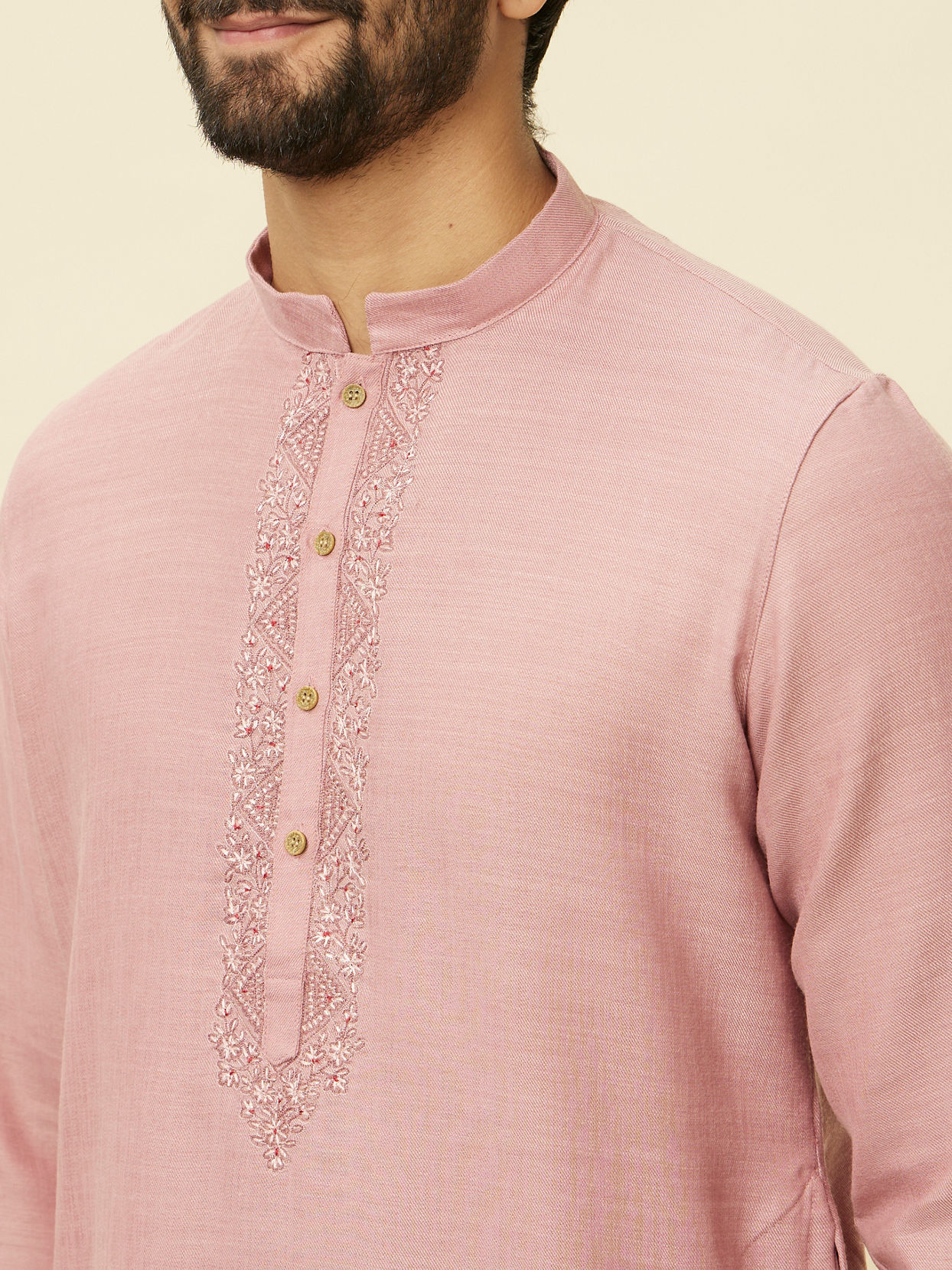 alt message - Manyavar Men Lemonade Pink Embroidered Placket Kurta Set image number 1