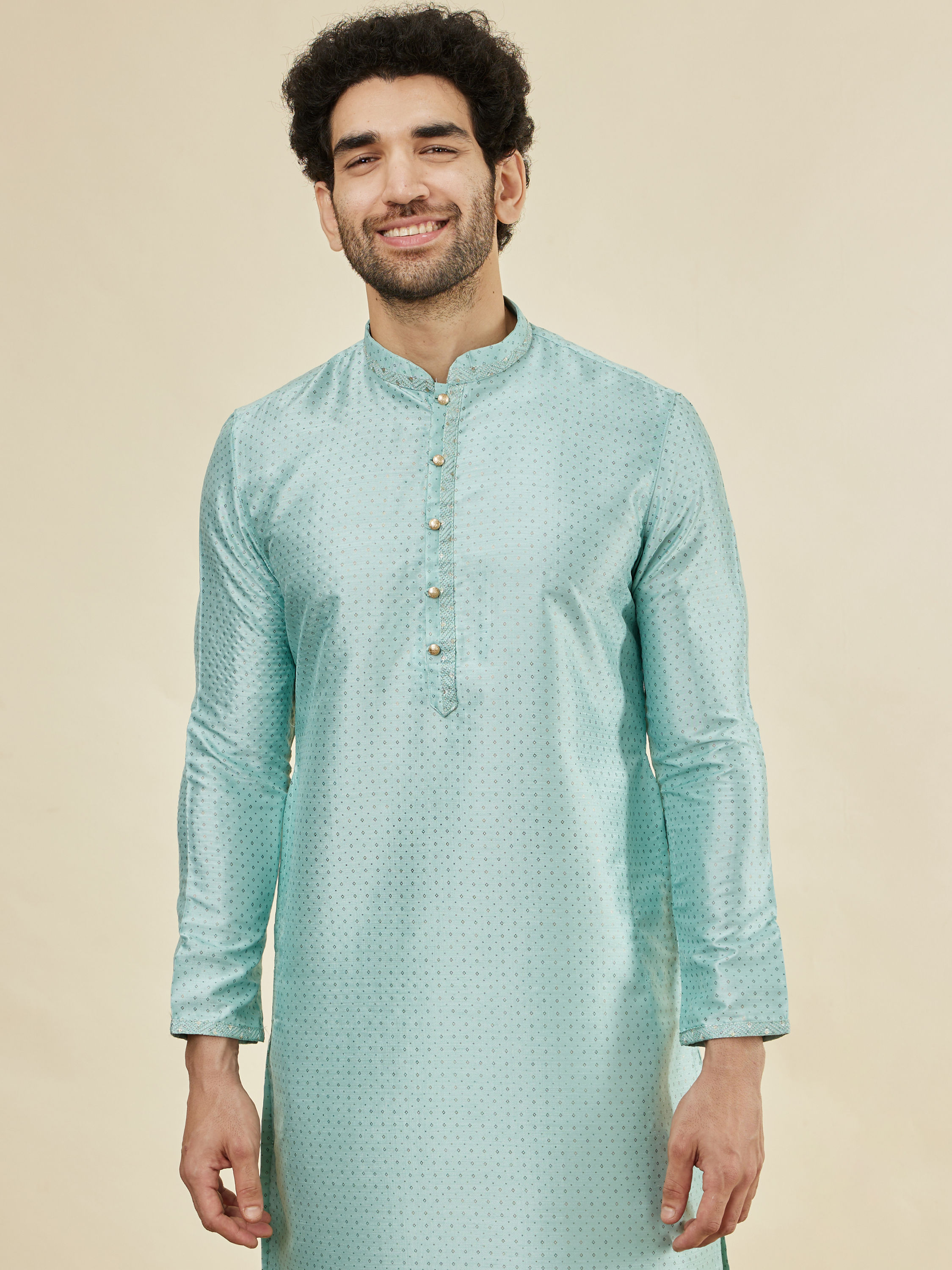Manyavar Men Sea Green Foil Printed Kurta Set