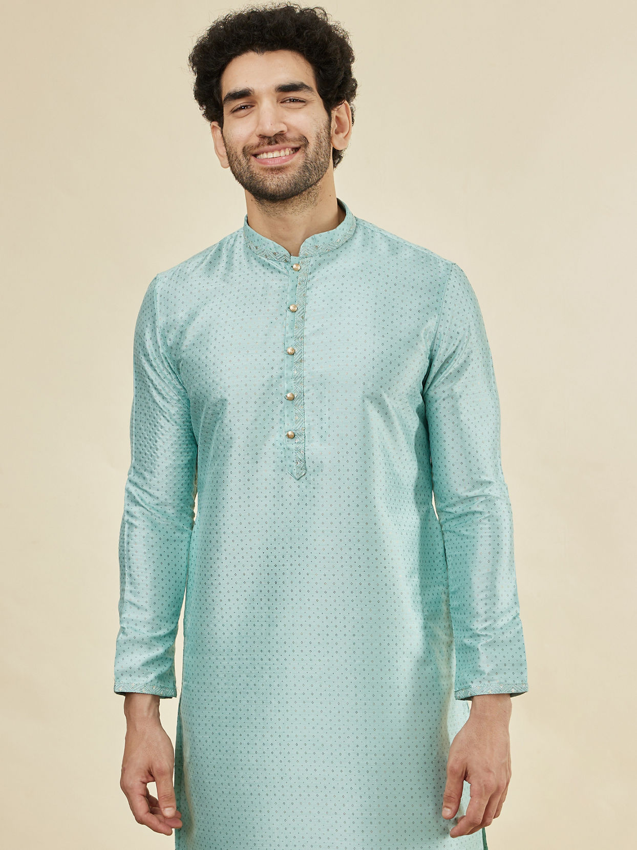 Manyavar Men Sea Green Foil Printed Kurta Set