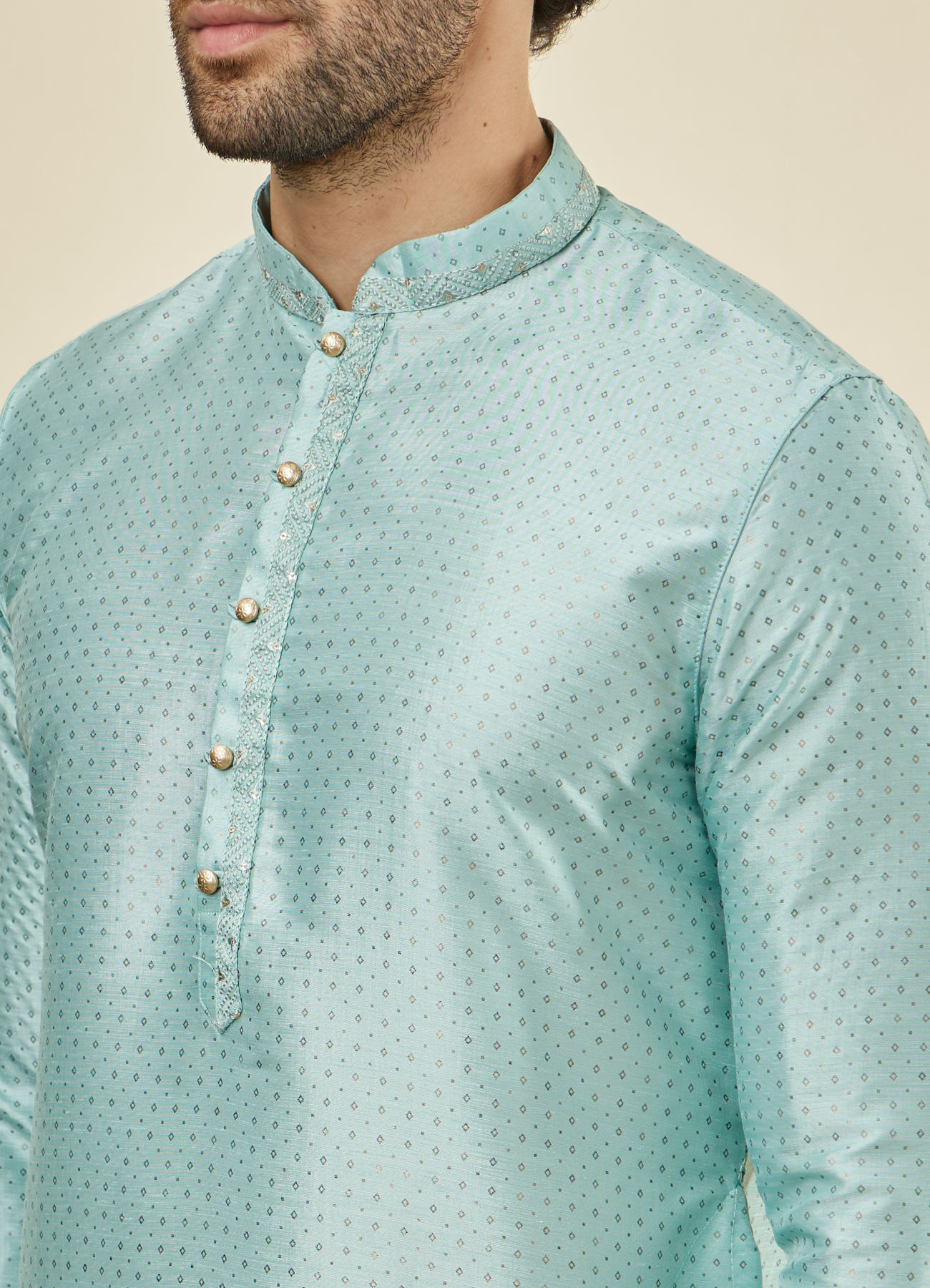 Manyavar Men Sea Green Foil Printed Kurta Set