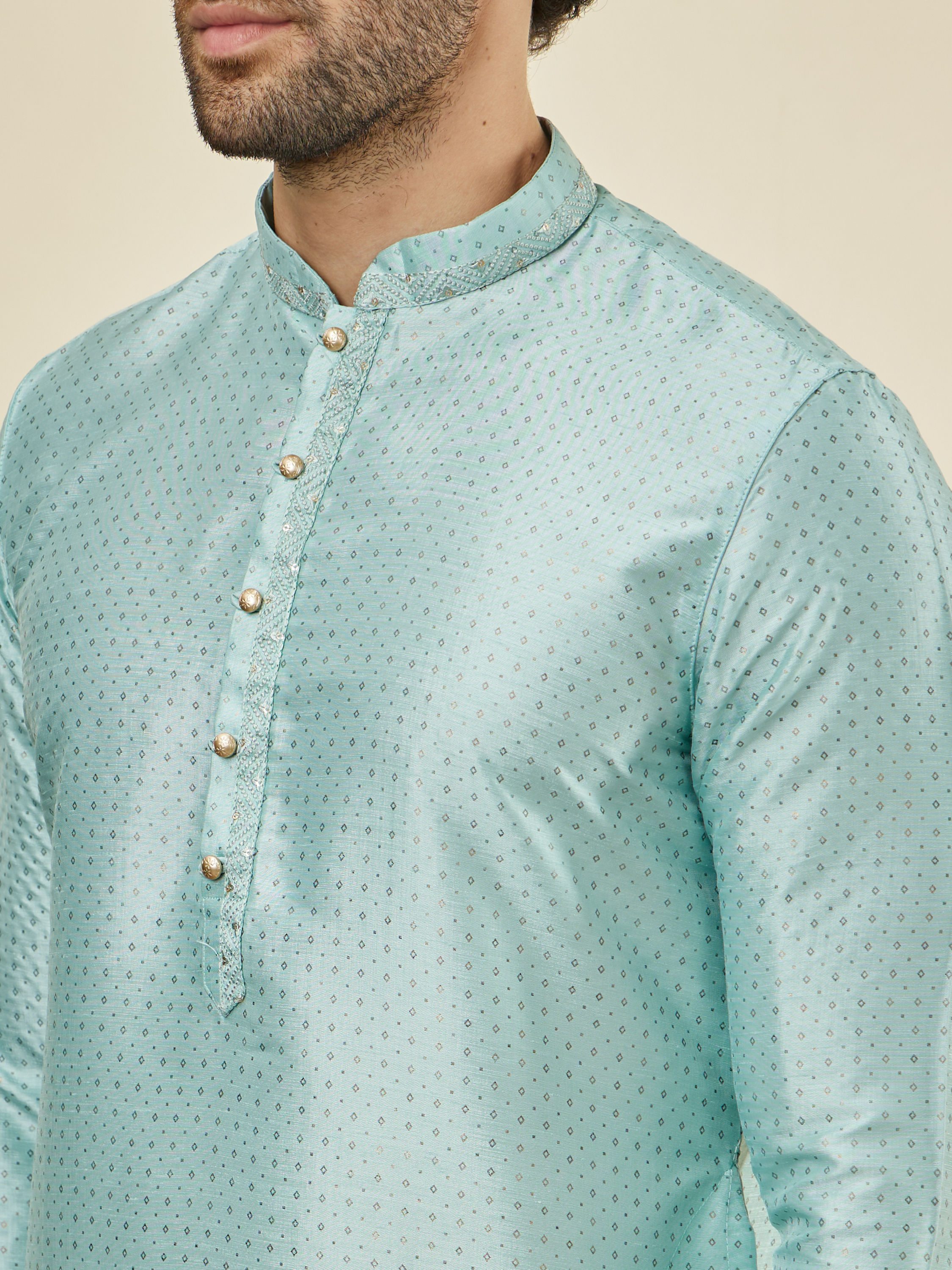 Manyavar Men Sea Green Foil Printed Kurta Set