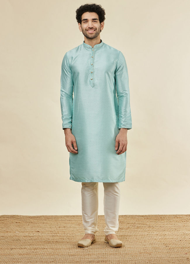 Manyavar Men Sea Green Foil Printed Kurta Set