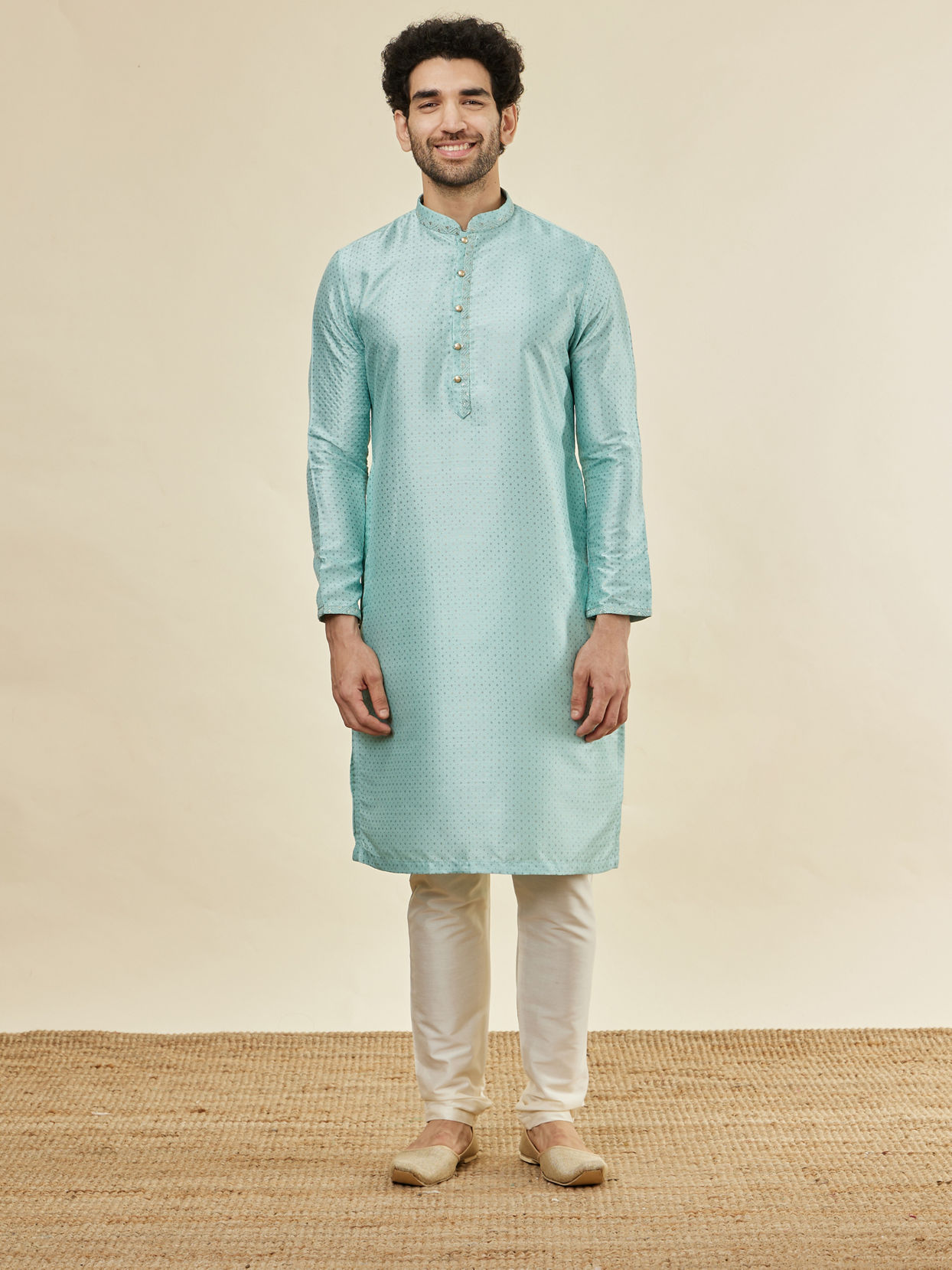 Manyavar Men Sea Green Foil Printed Kurta Set
